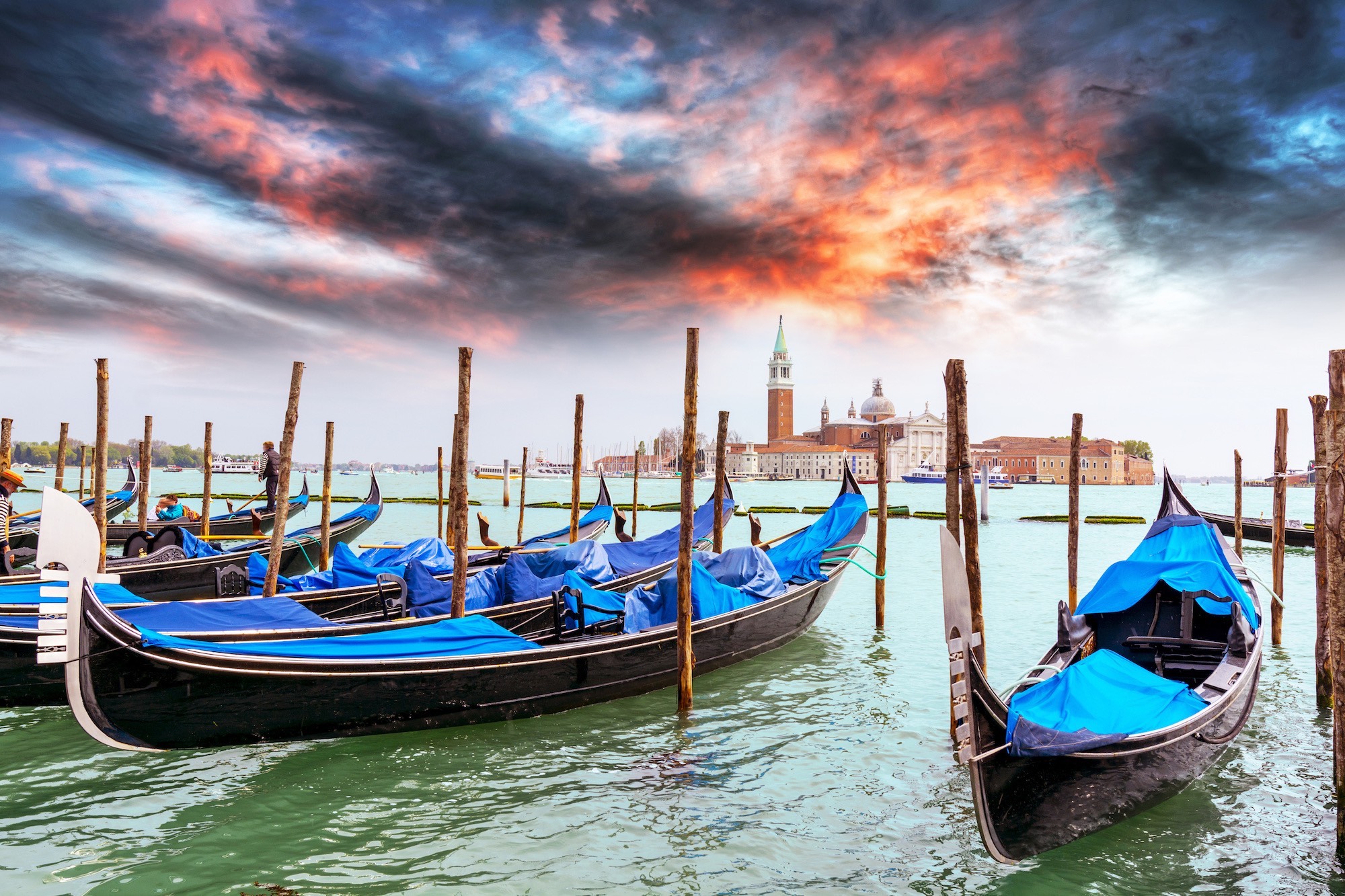 Moored Gondolas in Venice, Italy